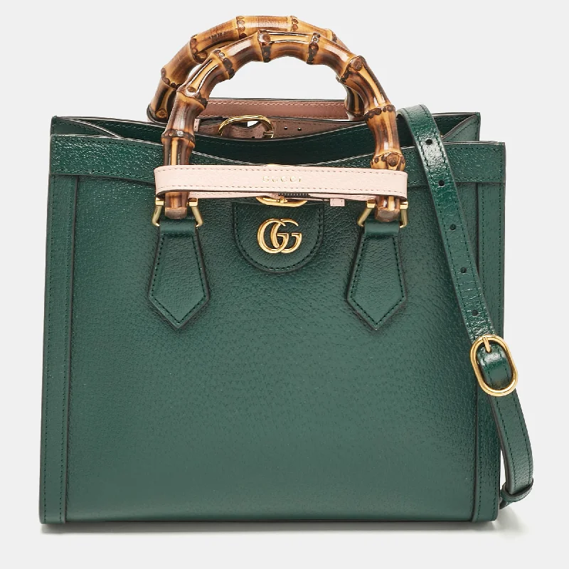 Handle bags with tie-dye patterns for fun -Gucci Green Leather Small Bamboo Diana Tote