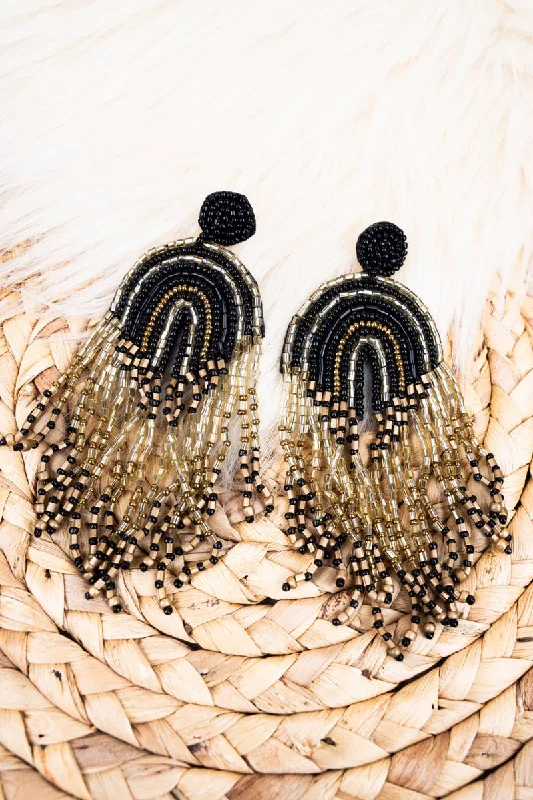 Drop Earrings for Graduation Day -SALE! Reach For The Sky Black Seed Bead Fringe Earrings