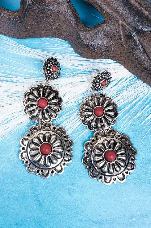 Drop Earrings with Filigree Work -SALE! Burnished Silvertone Red Allison Earrings