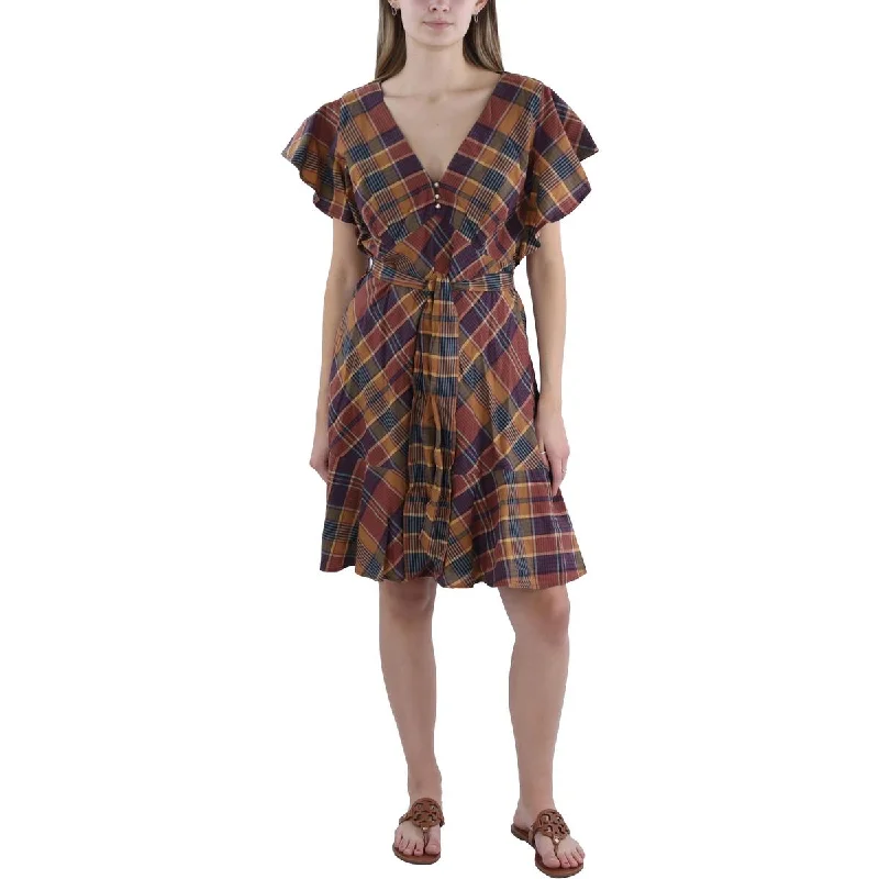 Evening Dresses for Formal Events -Lauren Ralph Lauren Womens Plaid Flutter Sleeve Mini Dress