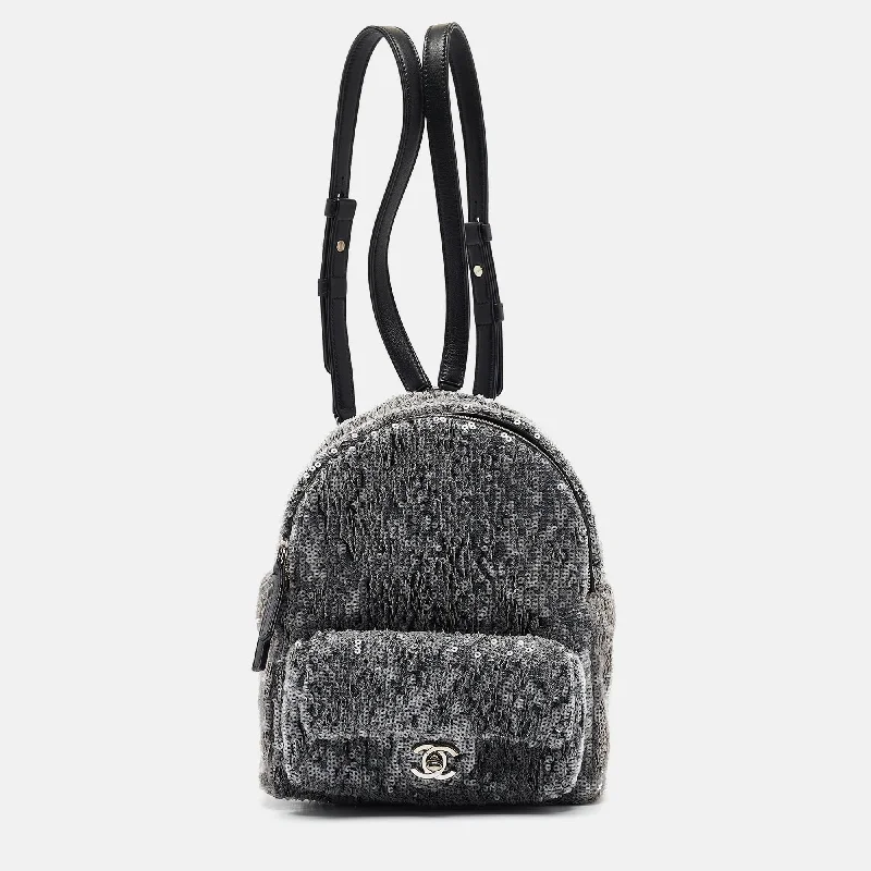 Handle bags with suede accents for texture -Chanel Ash Grey Sequins Mini Waterfall Backpack