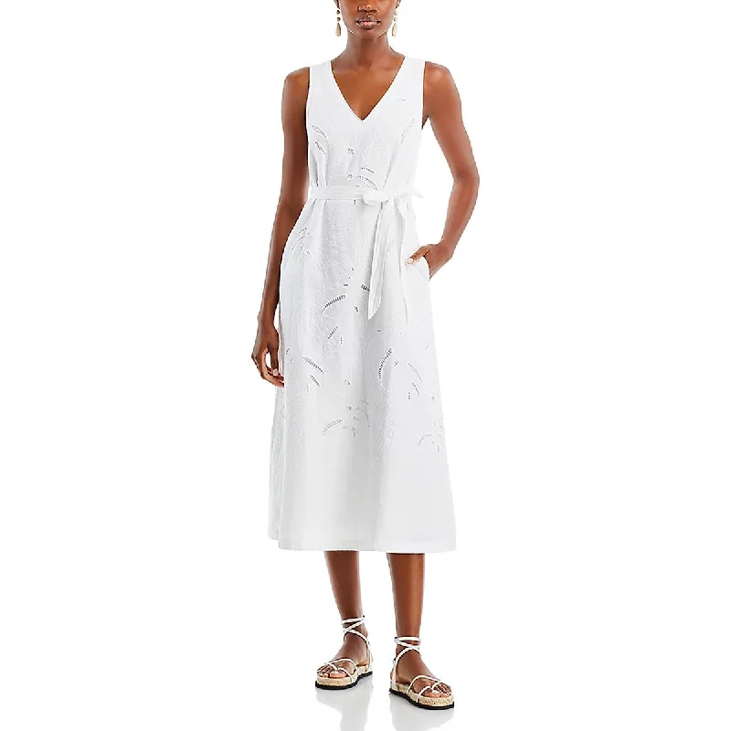 Spandex Dresses for Flexible -Tommy Bahama Womens Linen Embroidered Midi Dress