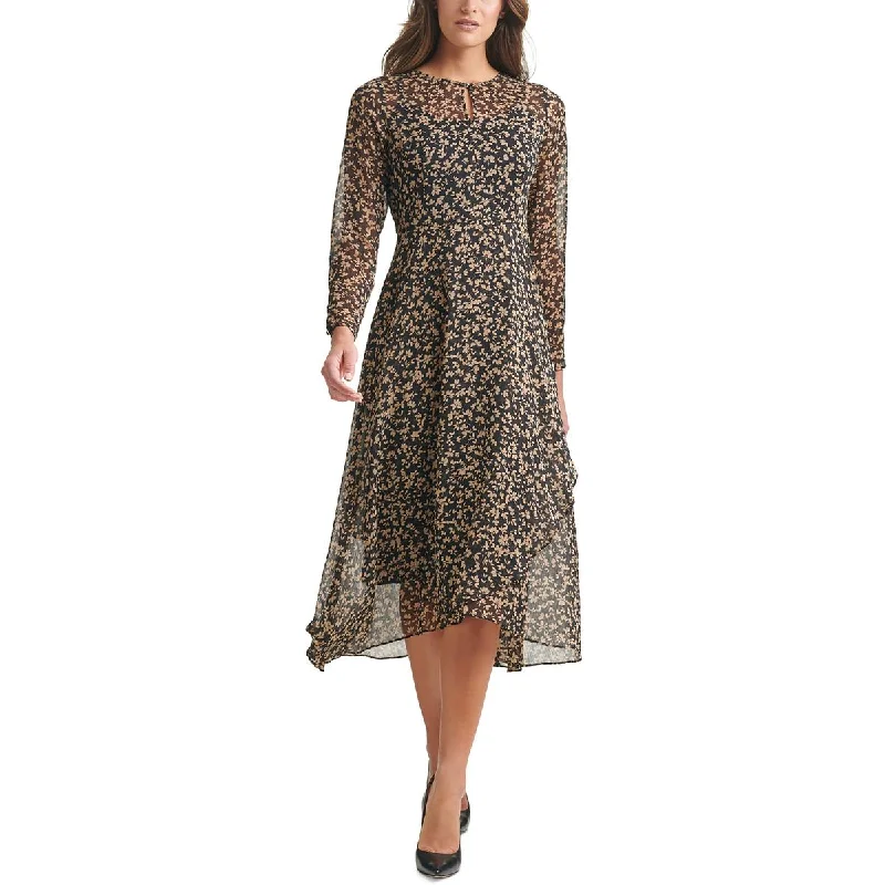 Brown Dresses for Earthy -Tommy Hilfiger Womens Petites Floral Keyhole Neck Midi Dress