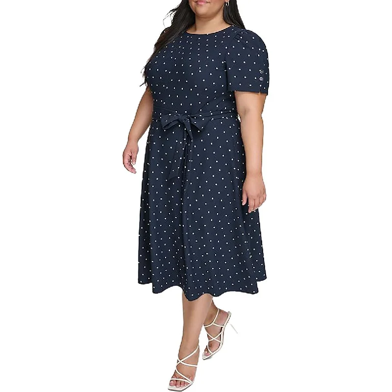 Flared Dresses for Retro -DKNY Womens Plus Knit Polka Dot Midi Dress