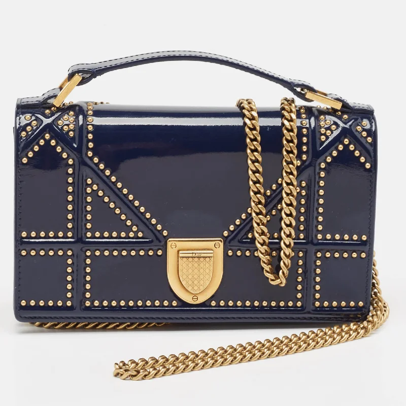 Handle bags with polka dots for fun -Dior Navy Blue Patent Leather Studded Diorama Top Handle Bag