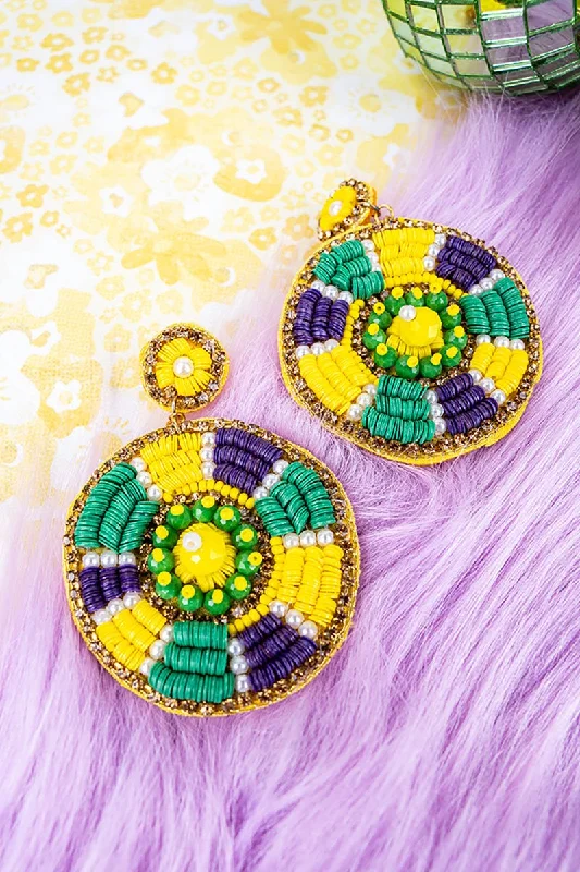 Punk Drop Earrings with Spikes -Viola Mardi Gras Sequin Color Wheel Earrings