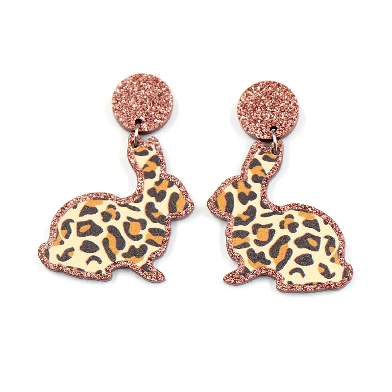 Vintage Drop Earrings with Patina -Wholesale Easter Leopard Print Rabbit Acrylic Earrings