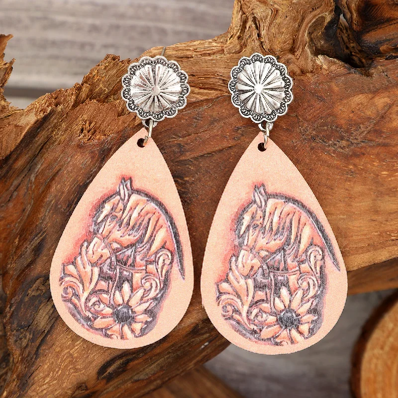 Drop Earrings with Textured Surface -Wholesale Vintage Horse Head Wooden Drop Shaped Earrings