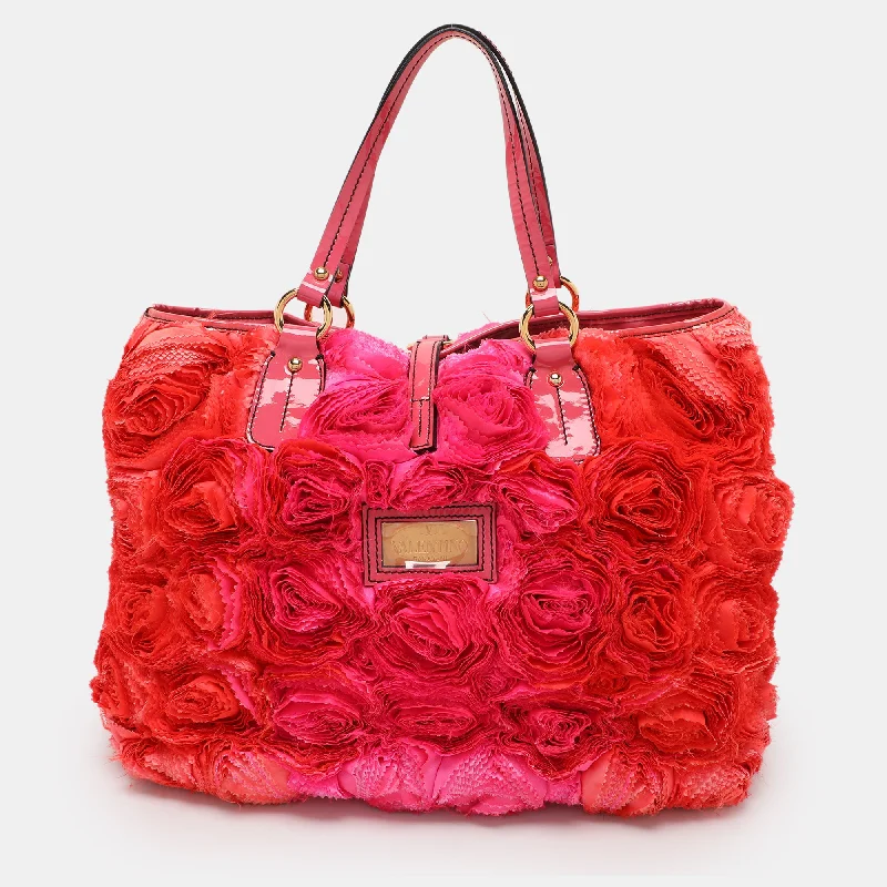 Handle bags with vibrant colors for boldness -Valentino Multicolor Patent Leather And Satin Rose Applique Tote