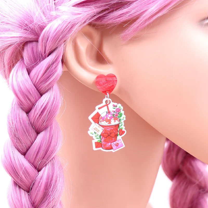 Maximalist Drop Earrings for Bling -Wholesale Valentine's Day Milk Tea Cups, Roses, Love Acrylic Earrings