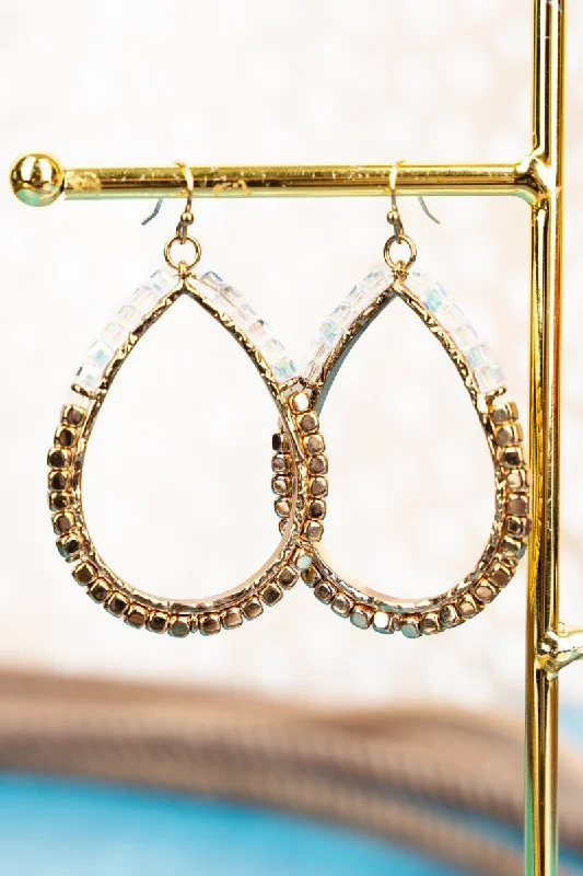 Drop Earrings for Formal Attire -SALE! Tanya White Iridescent and Gold Beaded Teardrop Earrings