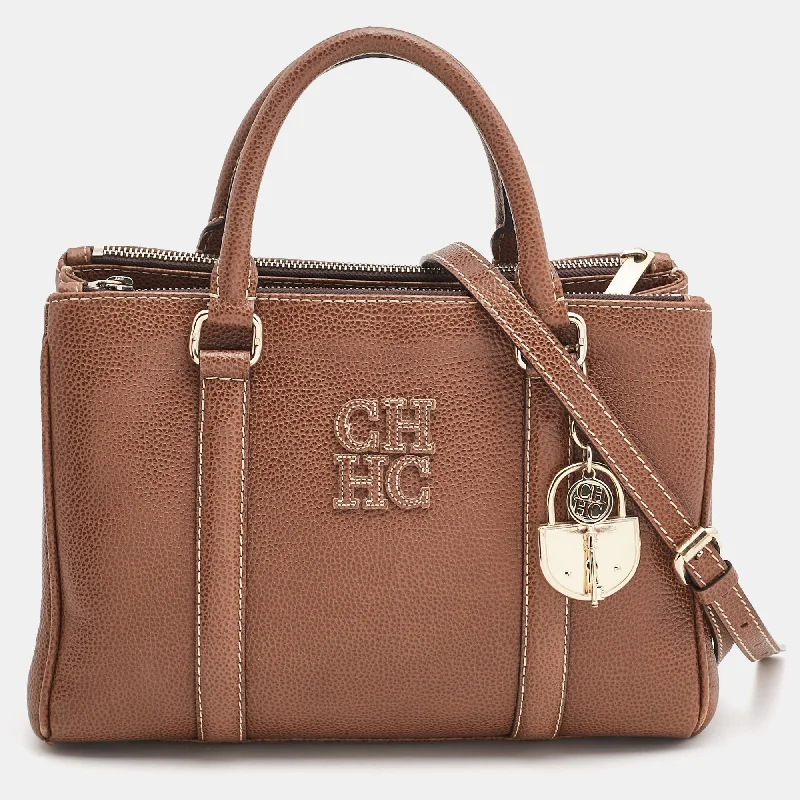 Handle bags with side pockets for organization -Ch Carolina Herrera Brown Pebbled Leather Matteo Tote