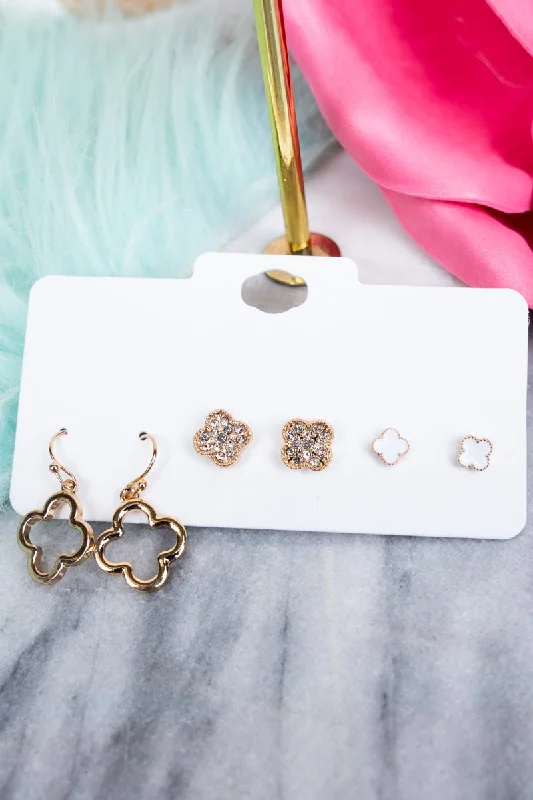 Drop Earrings with Chevron Designs -Goldtone Quatrefoil Earrings 3 Pair Set