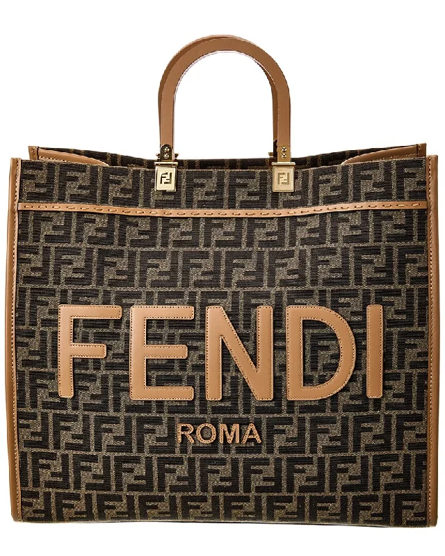 Handle bags with sleek hardware for sophistication -FENDI Sunshine Large FF Jacquard & Leather Tote