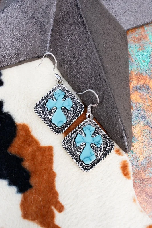 Drop Earrings with Keyhole Designs -Turquoise Camira Cross Silvertone Diamond Earrings