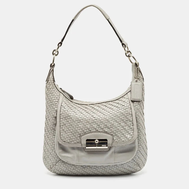 Handle bags with compact designs for portability -Coach Grey Woven Leather Kristin Hobo