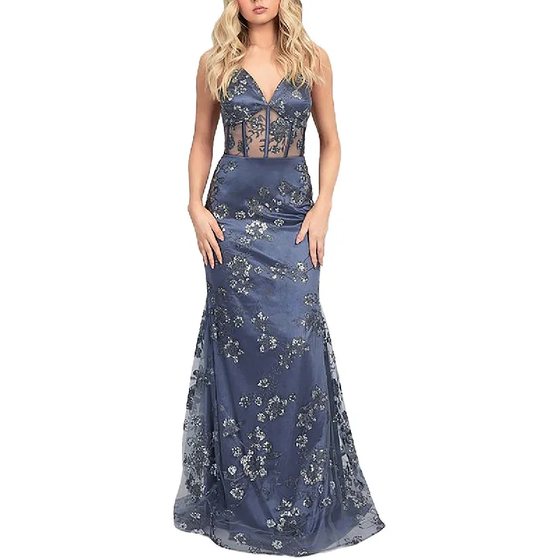 Blue Dresses for Classic -Dear Moon Womens Juniors Satin Illusion Evening Dress