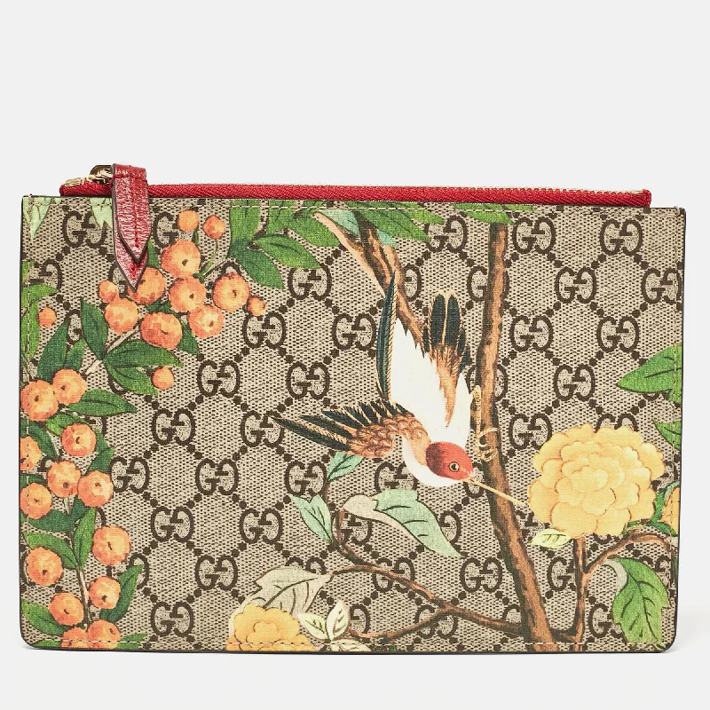 Handle bags with floral embroidery for detail -Gucci Red/multicolor Gg Supreme Canvas Tian Zip Pouch