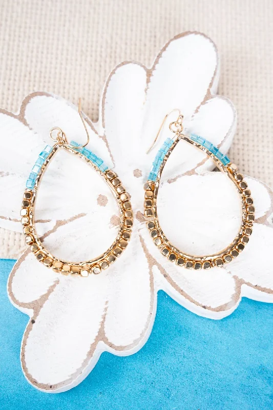 Drop Earrings for Beach Outfit -SALE! Tanya Turquoise and Gold Beaded Teardrop Earrings