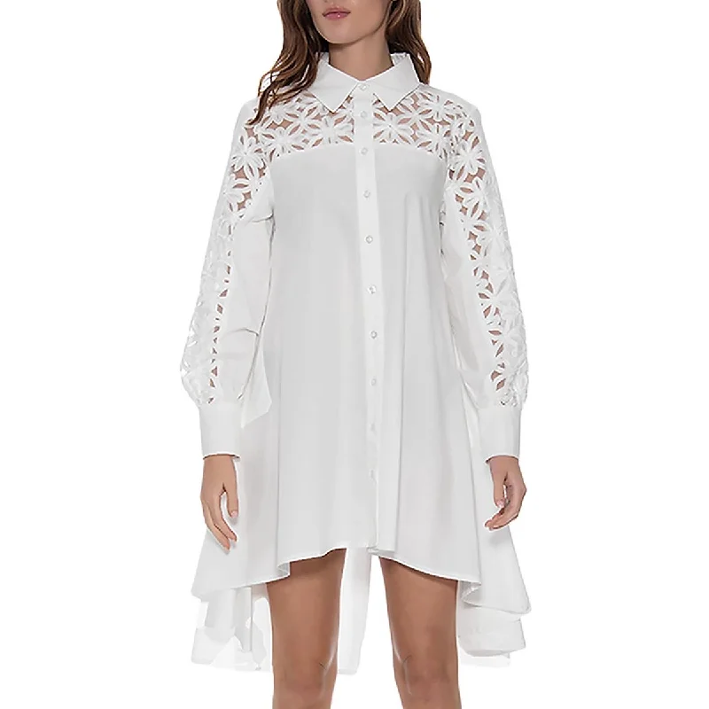 Elastic Dresses for Fit -Gracia Womens Hi-Low Embroidered Shirtdress