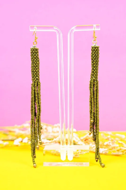 Drop Earrings with Polished Shine -SALE! Kindra Olive Seed Bead Fringe Earrings