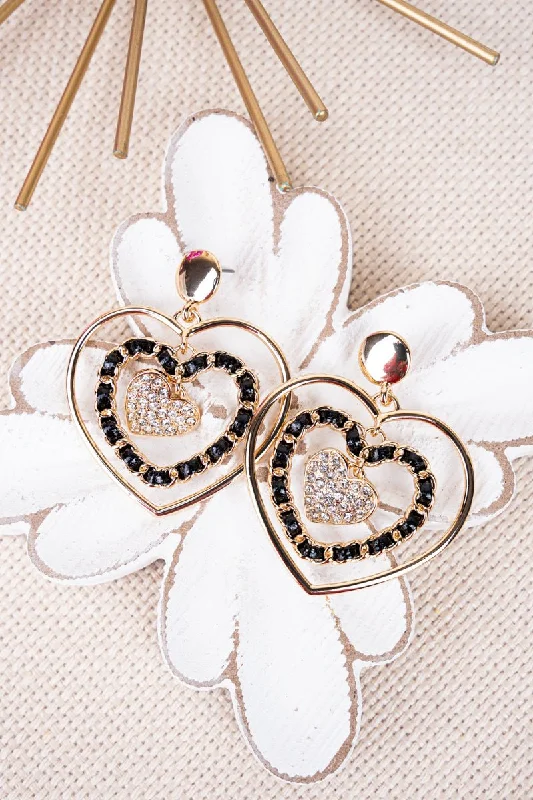 Drop Earrings for Concert Look -Crystal Avenue Black and Goldtone Desiree Heart Earrings