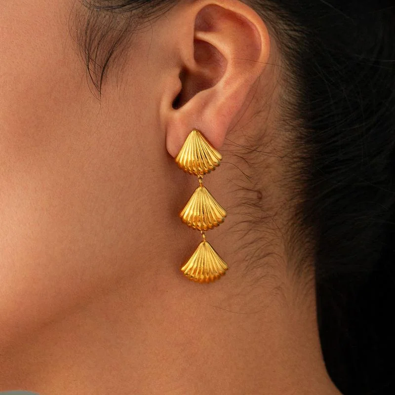 Drop Earrings for Shopping Trip -Gold Plated Stainless Steel Geometric Shell Earrings for Women