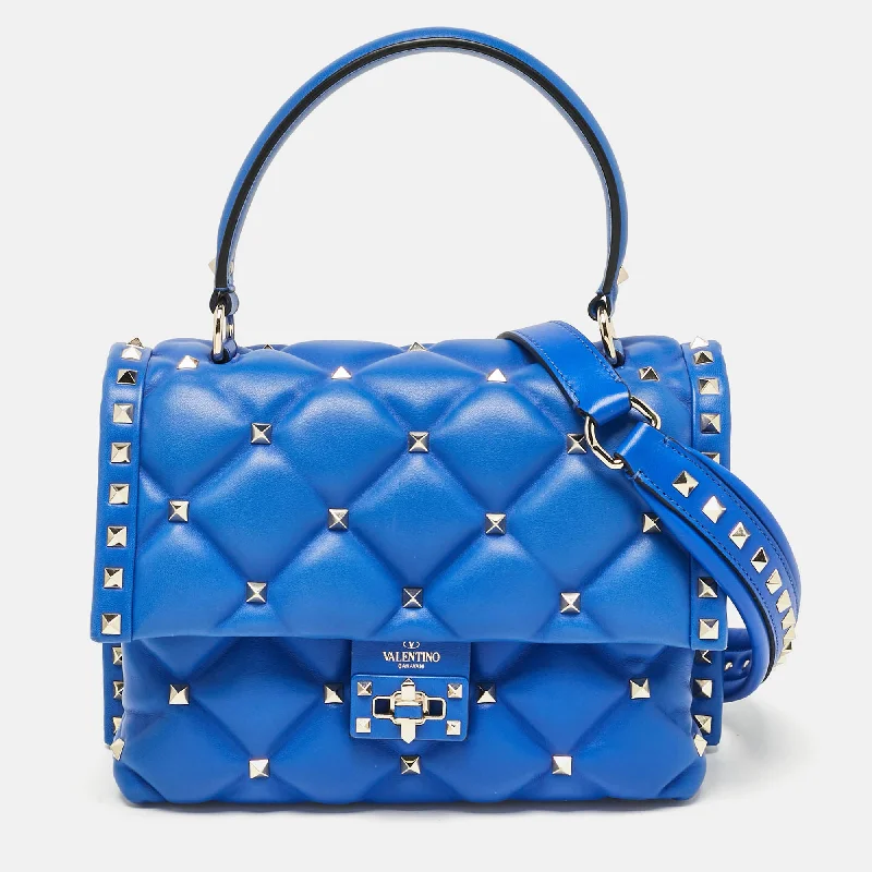 Cotton handle bags for lightweight casual wear -Valentino Blue Quilted Leather Medium Candystud Top Handle Bag