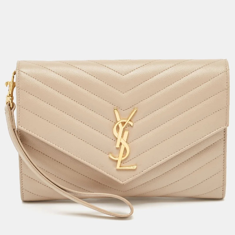 Handle bags with colorful handles for flair -Saint Laurent Beige Matelassé Leather Cassandre Wristlet Pouch