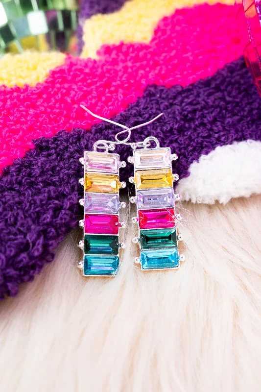 Large Drop Earrings for Statement -Jazzy Jewel Tone Silvertone Earrings