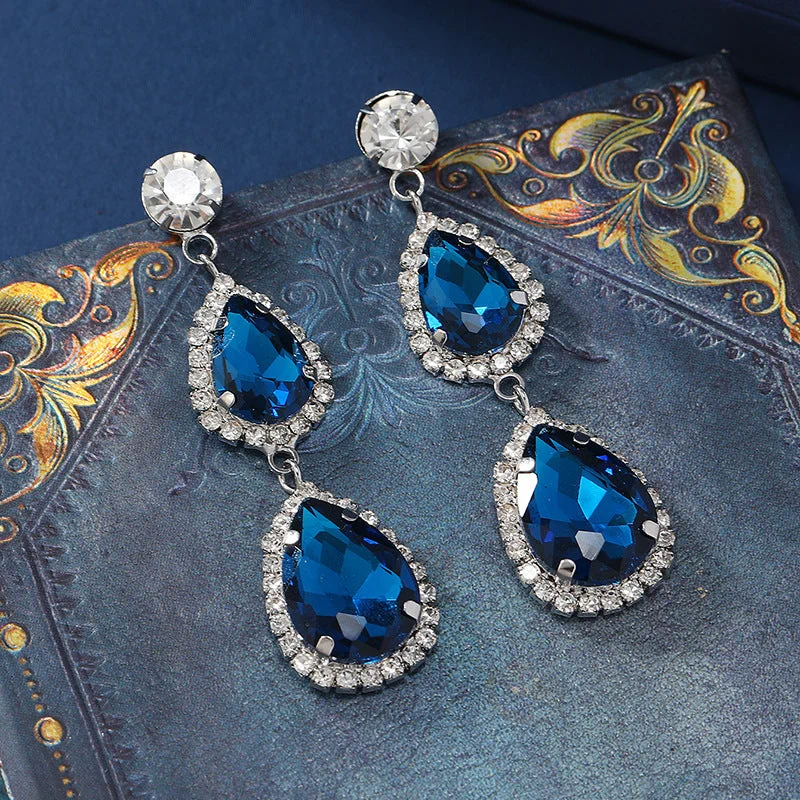 Tarnish Resistant Drop Earrings for Longevity -Wholesale Water Drop Micropaved Blue Earrings and Necklace Set