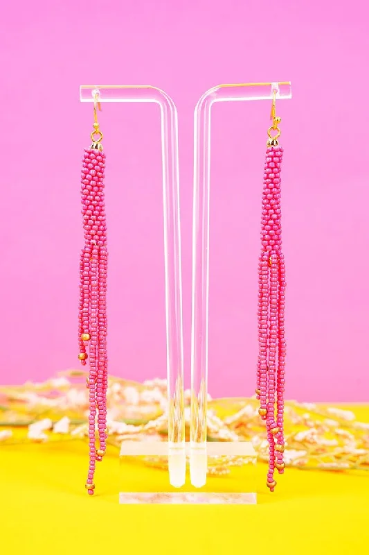 Drop Earrings with Enamel Coating -SALE! Kindra Pink Seed Bead Fringe Earrings