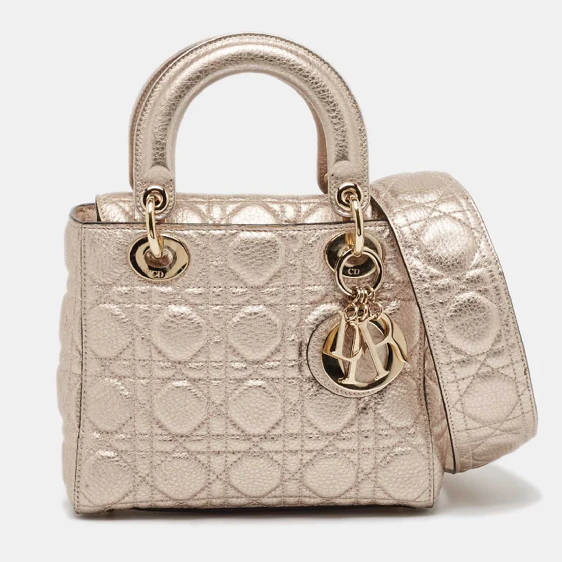 Handle bags with multi-color weaves for vibrancy -Dior Rose Gold Cannage Leather Small Soft Lady Dior Tote