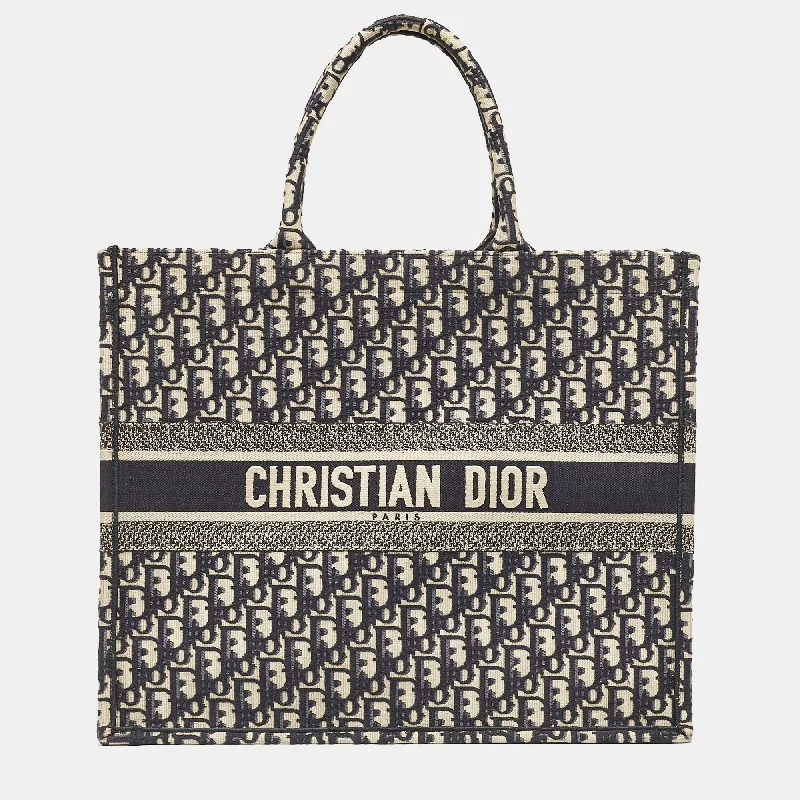 Handle bags with soft leather for luxury -Dior Navy Blue Oblique Embroidered Canvas Large Book Tote