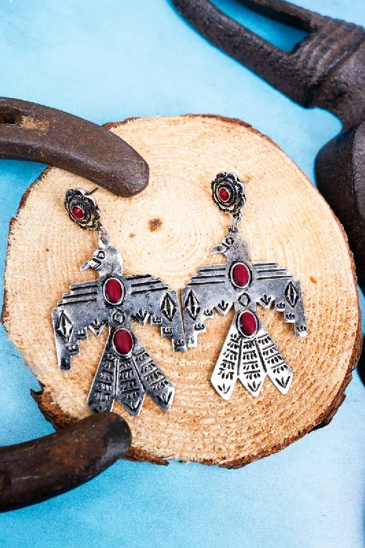 Drop Earrings with Chevron Designs -SALE! Red Toledo Thunderbird Silvertone Earrings