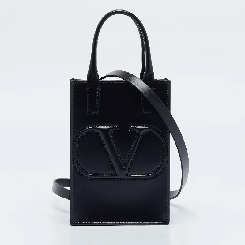 Handle bags with bold logos for branding -Valentino Black Leather Mini Vlogo Tote