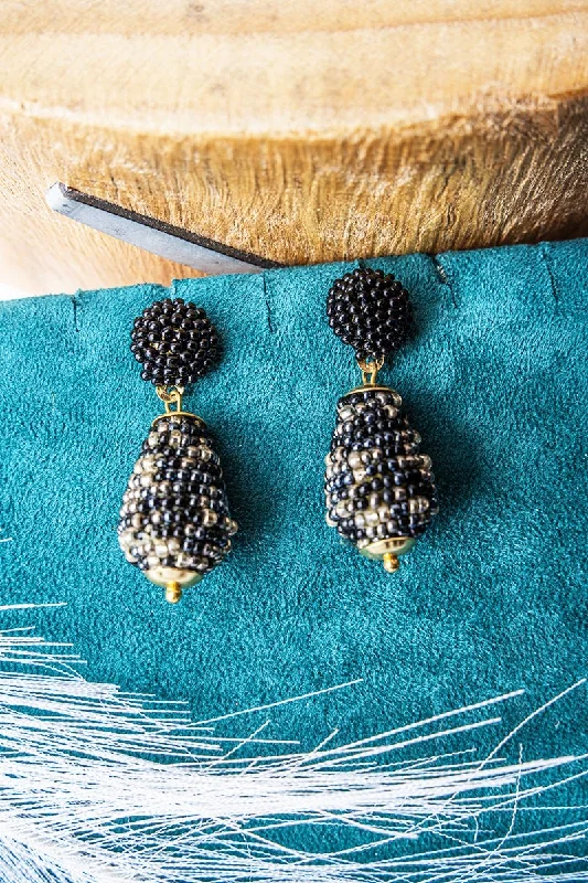 Crystal Drop Earrings for Sparkle -SALE! Black Multi Seed Bead Janie Earrings