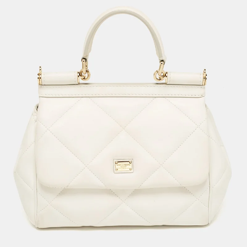 Handle bags with sleek hardware for sophistication -Dolce & Gabbana White Quilted Leather Small Miss Sicily Top Handle Bag