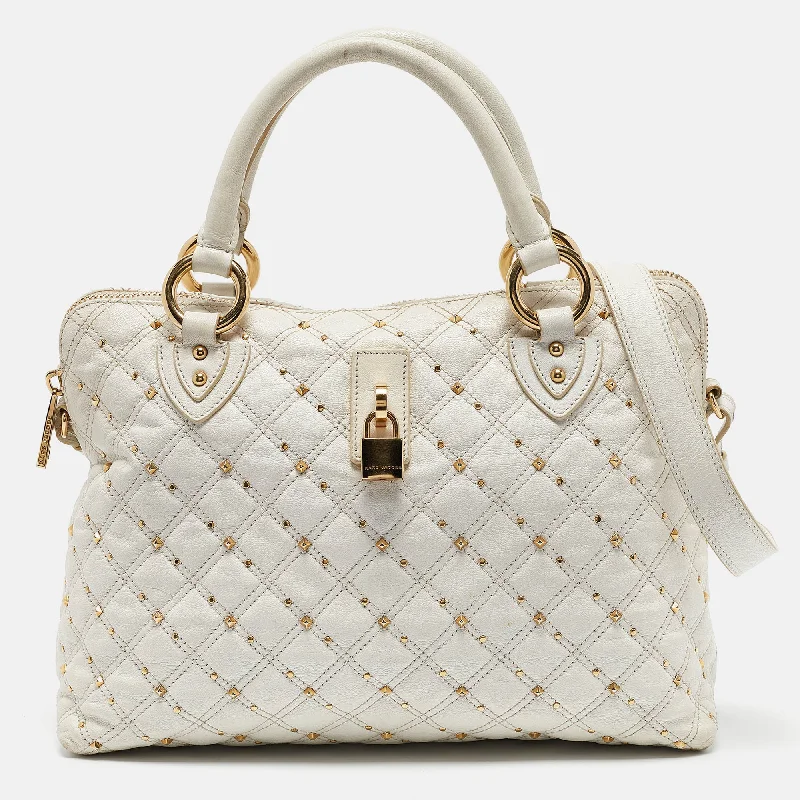 Handle bags with durable hemp for sustainability -Marc Jacobs White Quilted Leather Large Rio Stardust Studded Satchel