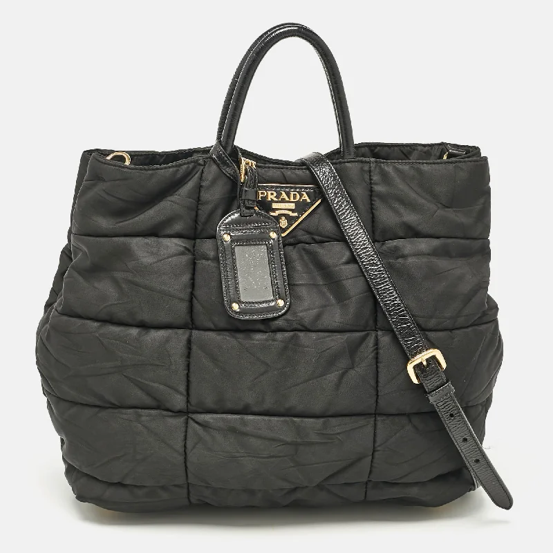 Handle bags with eco-friendly bamboo handles -Prada Black Quitted Nylon And Patent Leather Tote