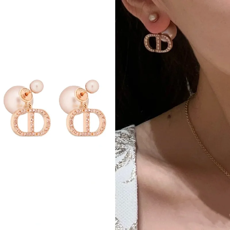 Drop Earrings for Birthday Celebration -Rose Gold Double Beads Pink Diamond CD Pendant Earrings EHA89