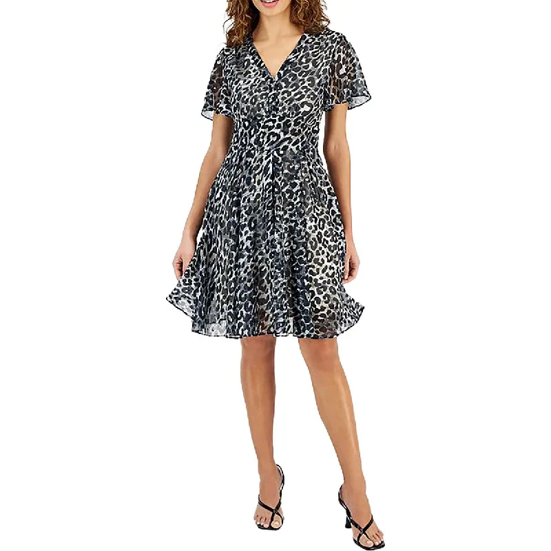 High-waisted Dresses for Flatter -Guess Womens Felicia Animal Print Ruffled Fit & Flare Dress