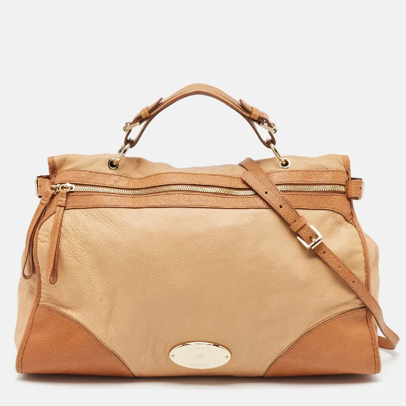 Handle bags with multi-color weaves for vibrancy -Mulberry Two Tone Beige Leather Taylor Top Handle Bag