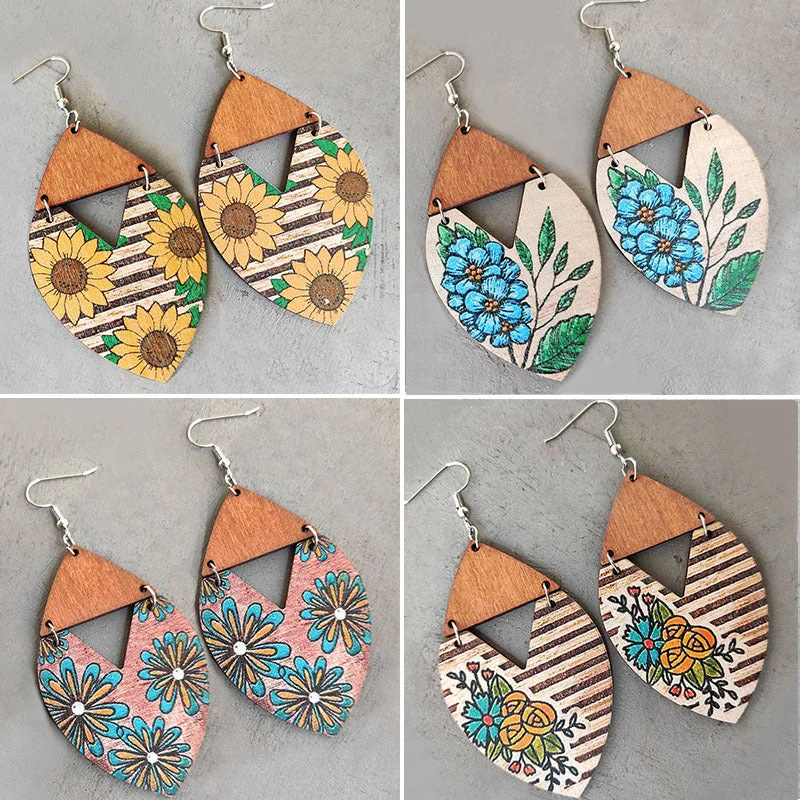 Triangular Drop Earrings for Edge -Wholesale 2 Pairs/pack Bohemian Western Style Sunflower Striped Floral Wooden Earrings