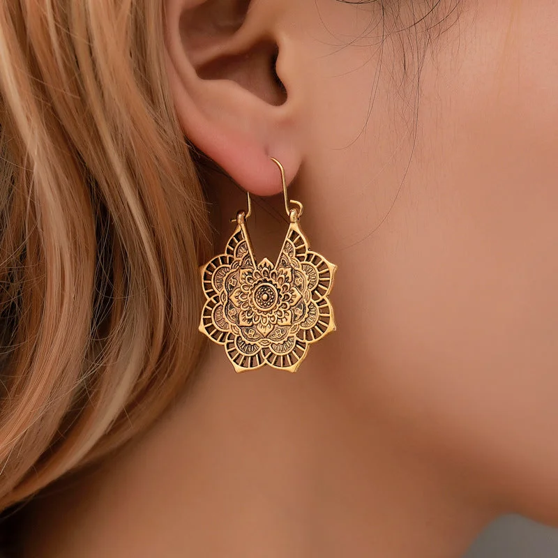 Drop Earrings for Festival Style -Wholesale Bohemian Metal Hollow Flower Earrings