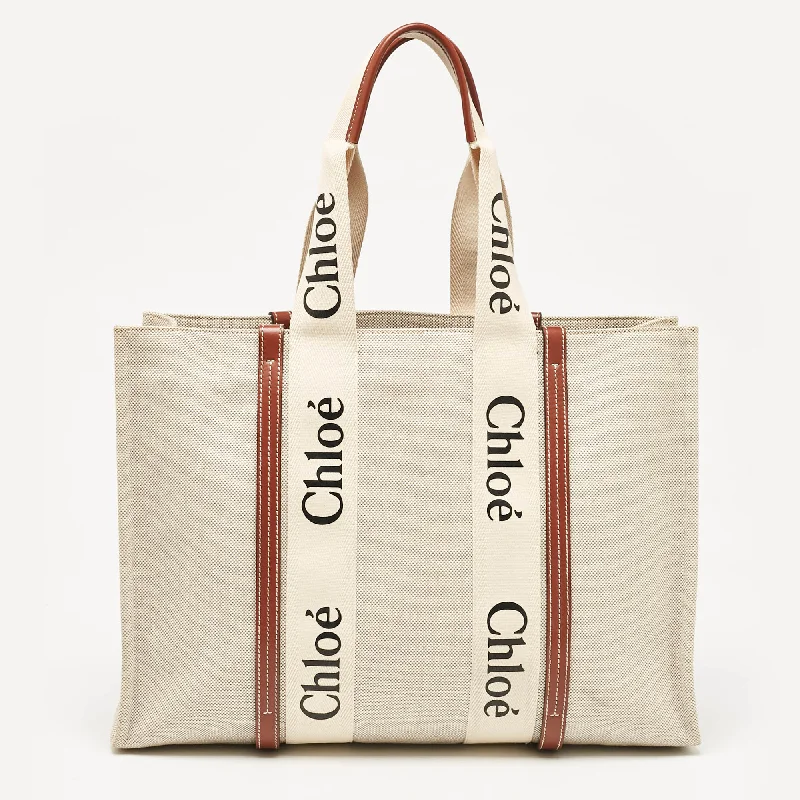 Handle bags with bold stripes for trendiness -Chloe Beige/brown Canvas And Leather Large Woody Tote