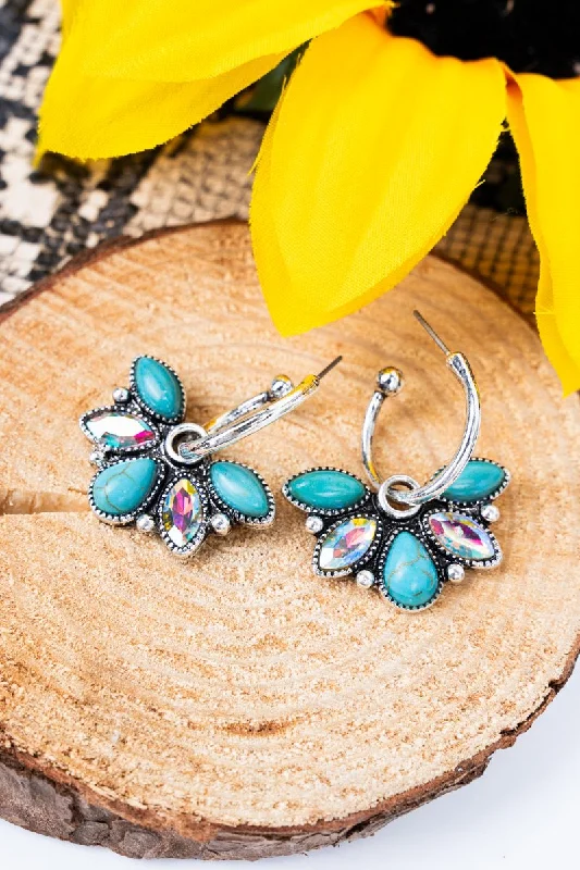 Crystal Drop Earrings for Sparkle -Ashmore Turquoise Iridescent Silvertone Earrings