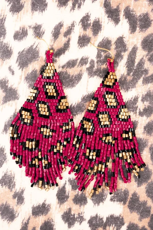 Drop Earrings with Embossed Patterns -SALE! Shadow Canyon Red Leopard Seed Bead Fringe Earrings