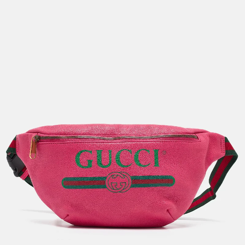 Handle bags with playful pom-poms for charm -Gucci Pink Leather Logo Web Belt Bag