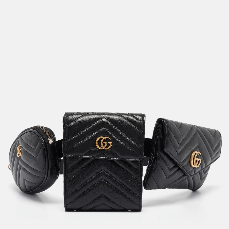 Handle bags with tropical leaves for summer -Gucci Black Matelassé Leather Gg Marmont 2.0 Multi Belt Bag